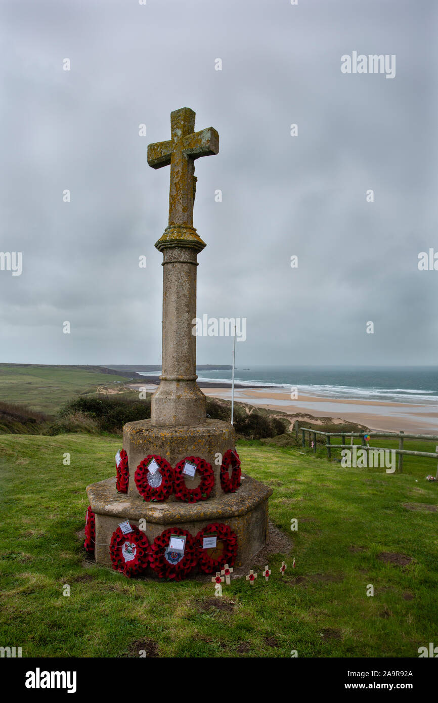 War memorial, Freshwater West beach, Pembrokeshire, Wales, UK Stock Photo