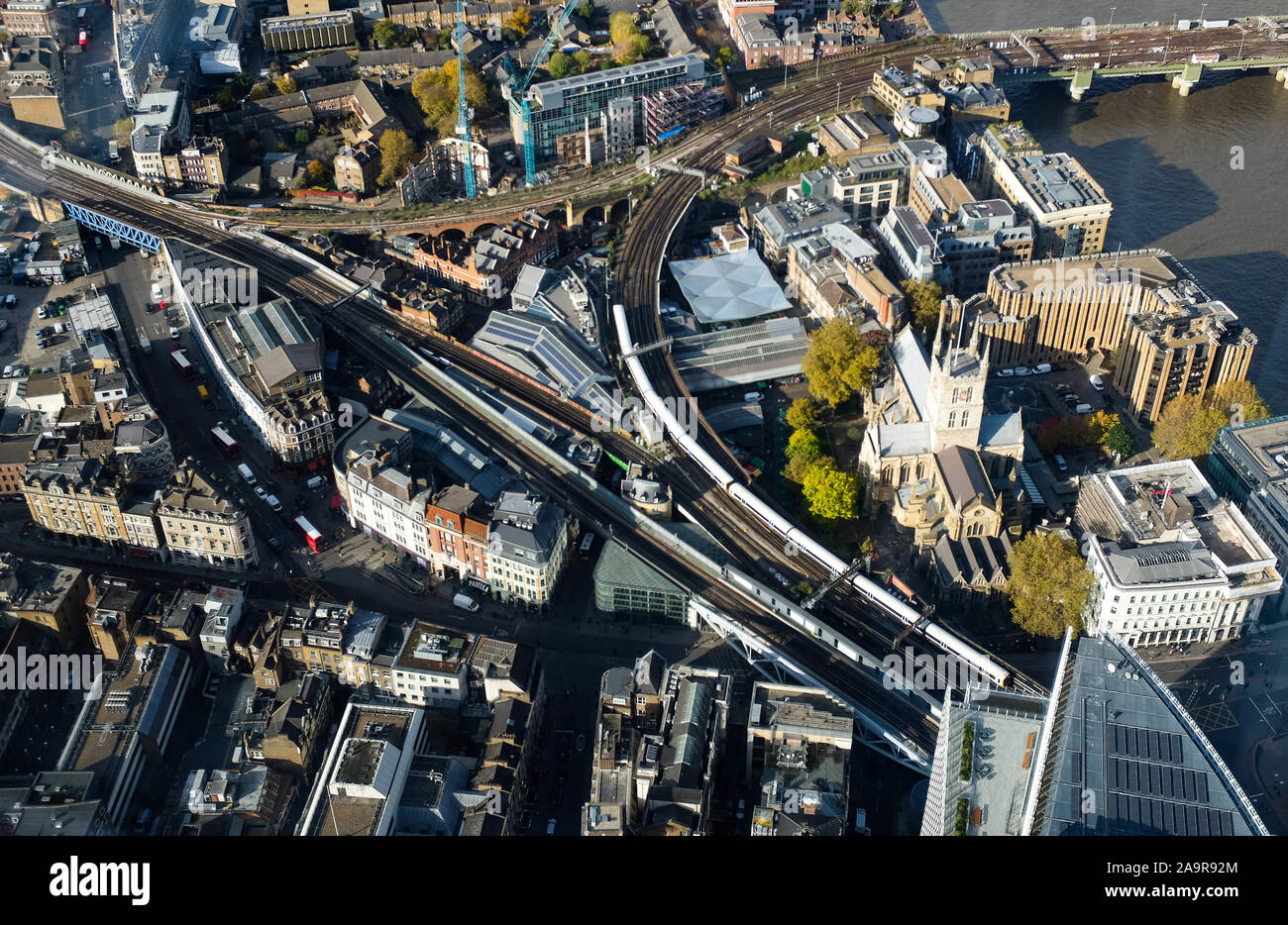 London View over the city with London Bridge station and Borough Market below Stock Photo
