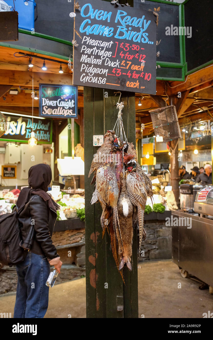 Borough Market in London UK - Game birds and rabbit on sale at Borough Market is the famous food market in Southwark Stock Photo