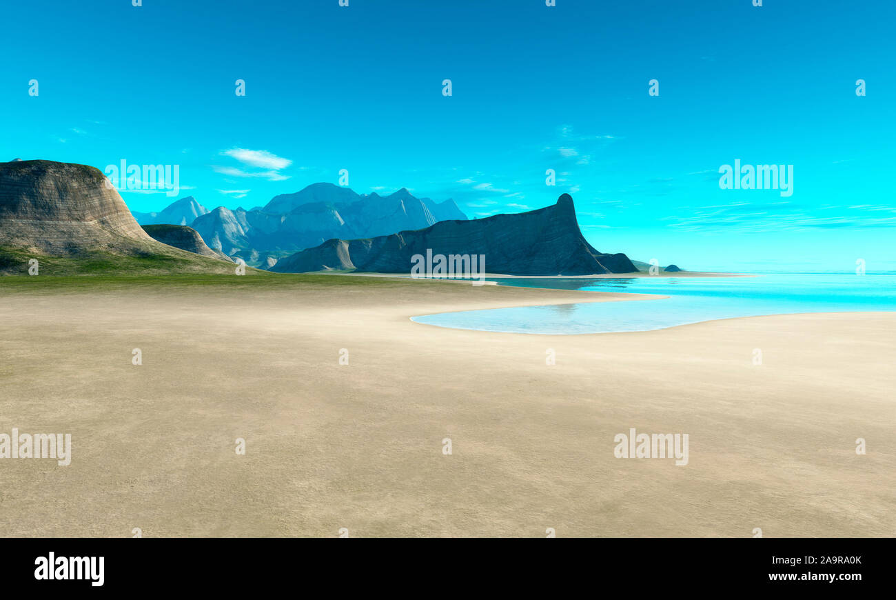 Eine wunderschoene Fantasie-Landschaft, bestehend aus einer schoenen felsigen Kueste, an der der Ozean beginnt Stock Photo