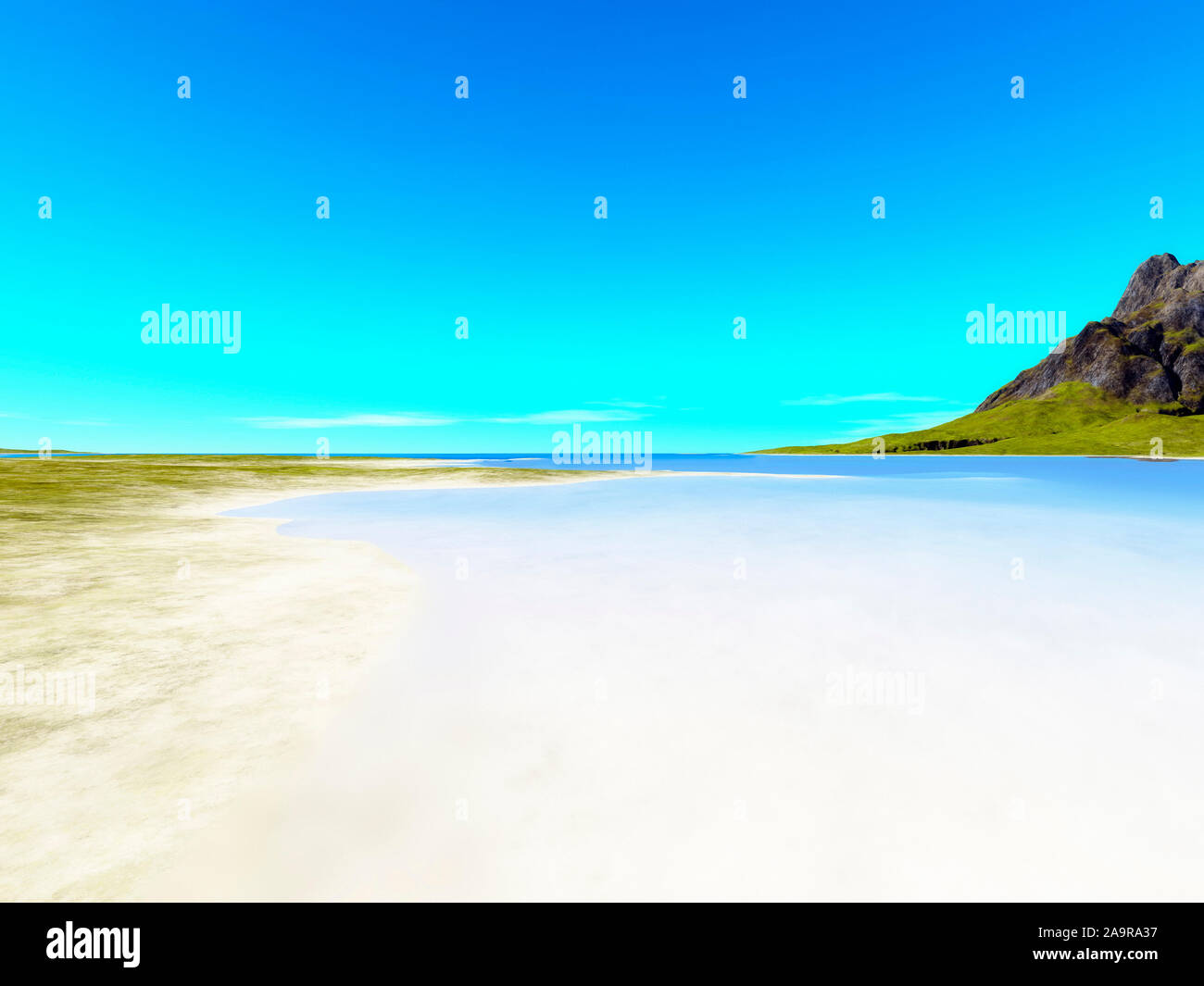 Eine wunderschoene Fantasy-Landschaft, bestehend aus einem schoenen weissen Sandstrand am Ozean Stock Photo