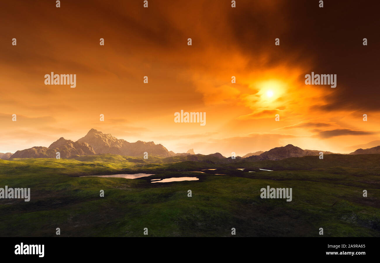 Eine wunderschoene Fantasy-Landschaft, die einen romantischen Sonnenuntergang ueber einer weiten Ebene darstellt Stock Photo