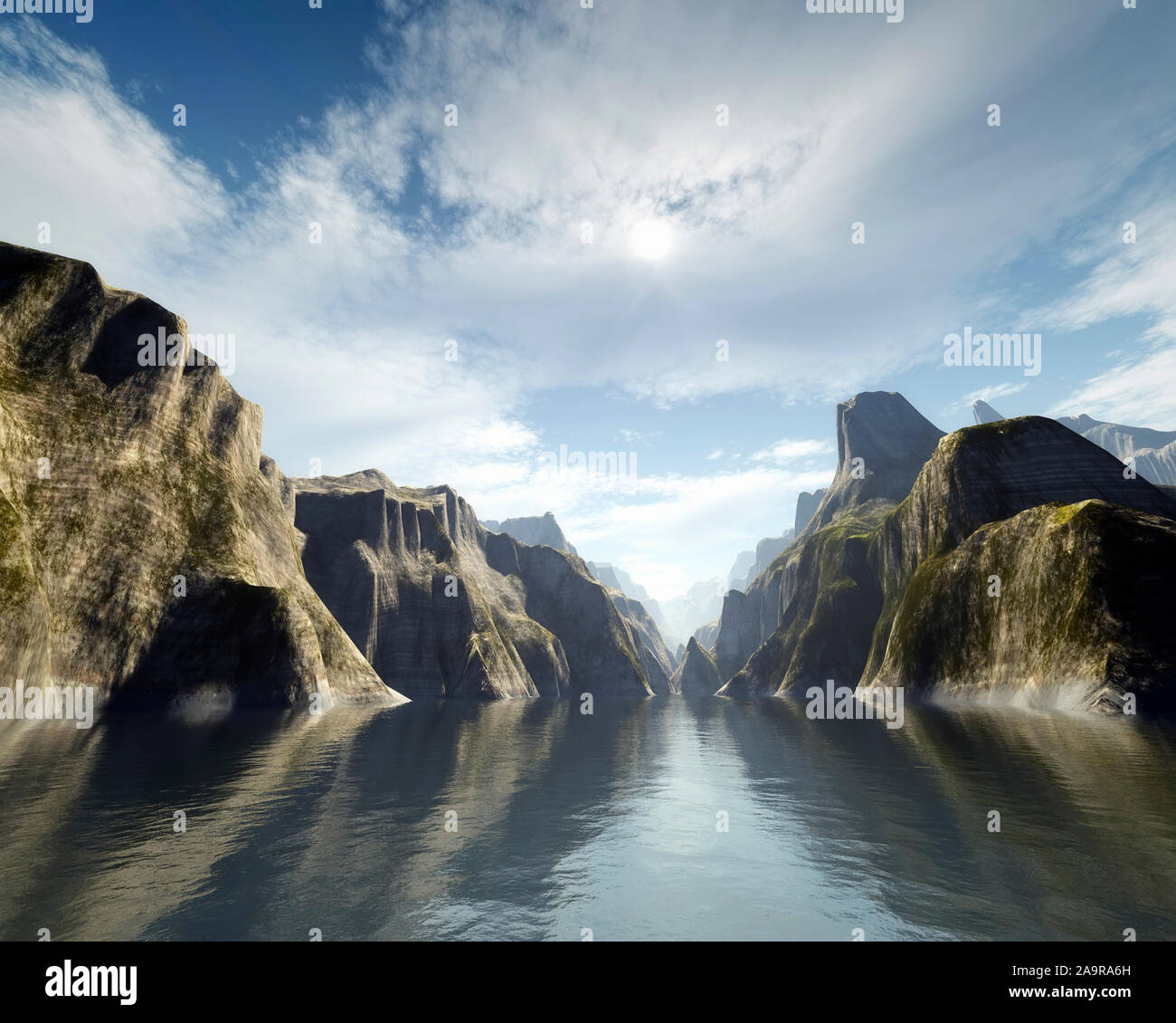 Eine wunderschoene Fantasy-Landschaft, die darstellt, wie der Ozean zwischen zwei Gebirgsketten hindurchfliesst Stock Photo