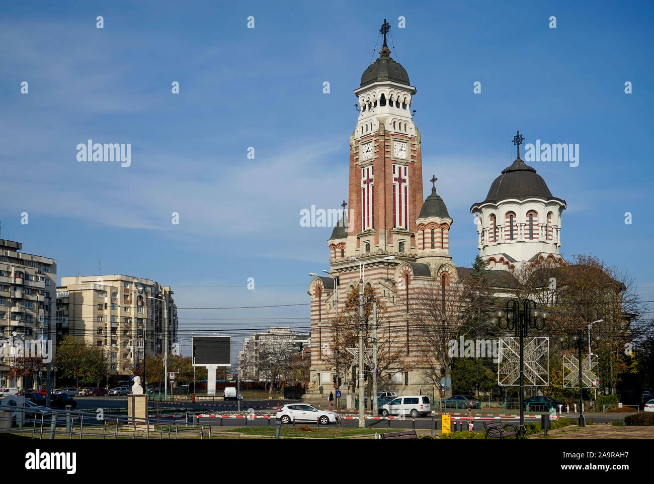 Saint John the Baptist Orthodox Cathedral in Ploiesti City , Romania with the main boulevard and roundabout , city center Stock Photo