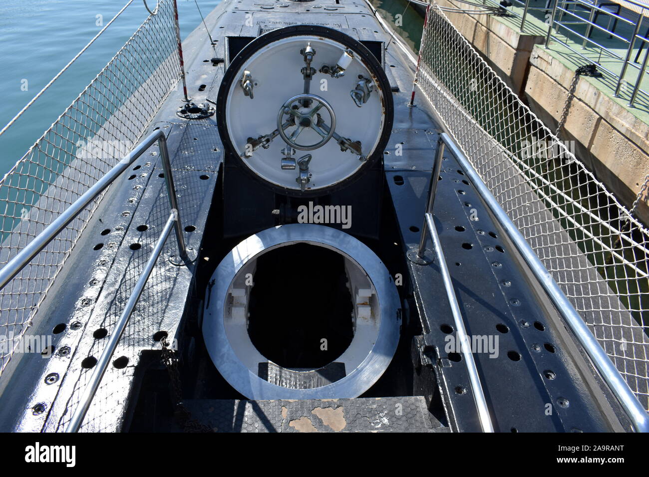 The companionway of the S61 Delfin submarine floating museum, Torrevieja, Alicante, Spain Stock