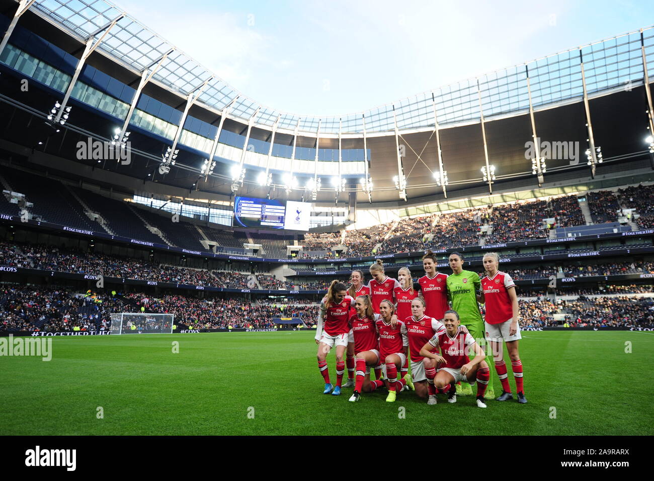 Arsenal pose for a photo before the FA Women's Super League match at the Tottenham Hotspur Stadium, London. Stock Photo