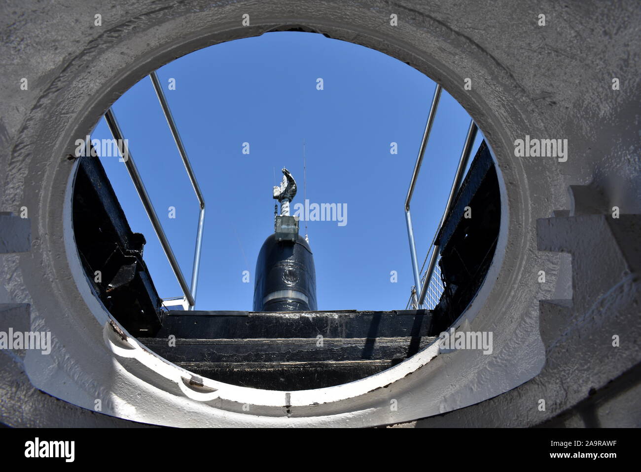 View from inside looking out of the companionway of the S61 Delfin submarine floating museum