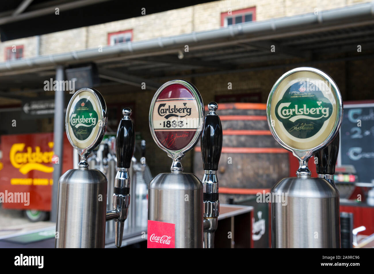 Beer pumps at the Carlsberg Brewery, Copenhagen, Denmark Stock Photo