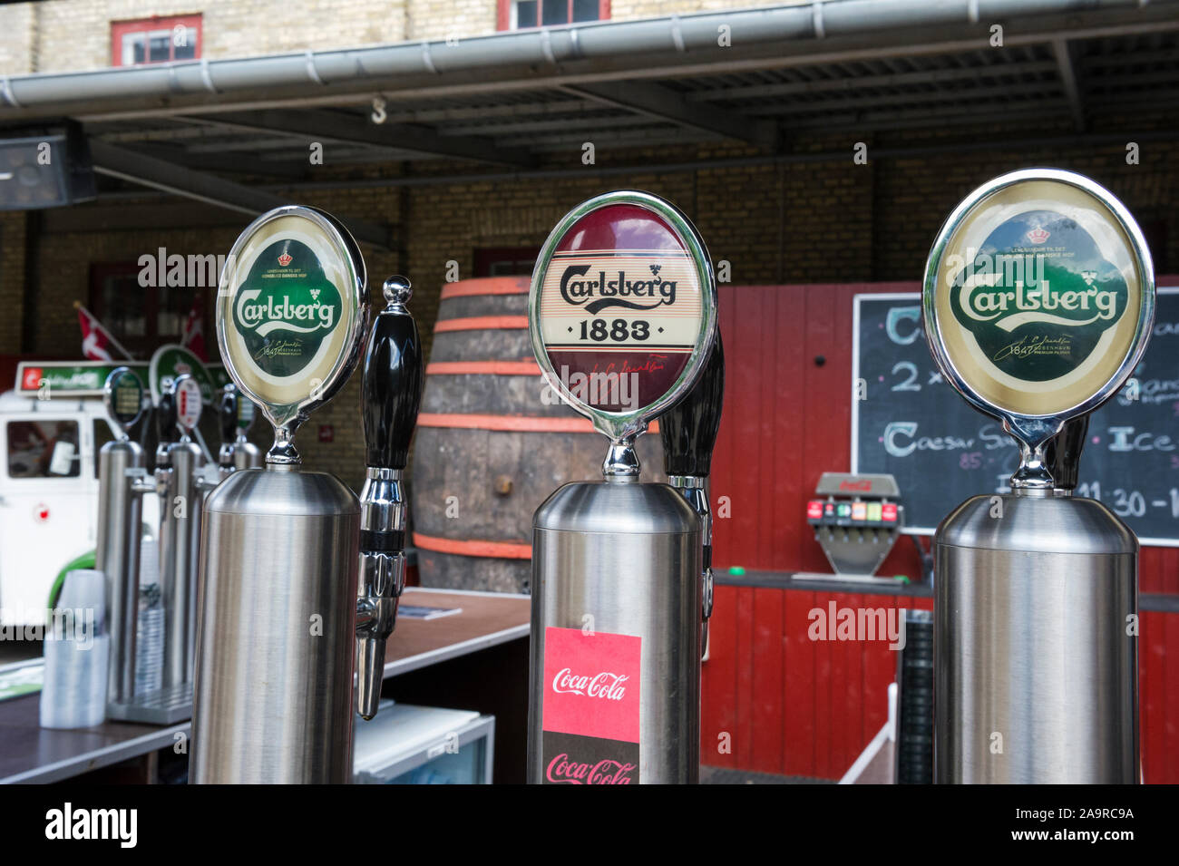Beer pumps at the Carlsberg Brewery, Copenhagen, Denmark Stock Photo