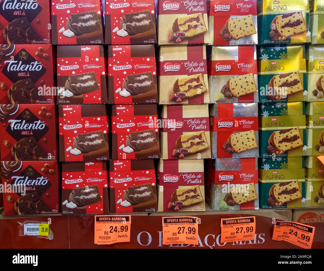 São Paulo, SP / Brazil - 16 November 2019: Special flavors of Panettone in a supermarket shelves Stock Photo