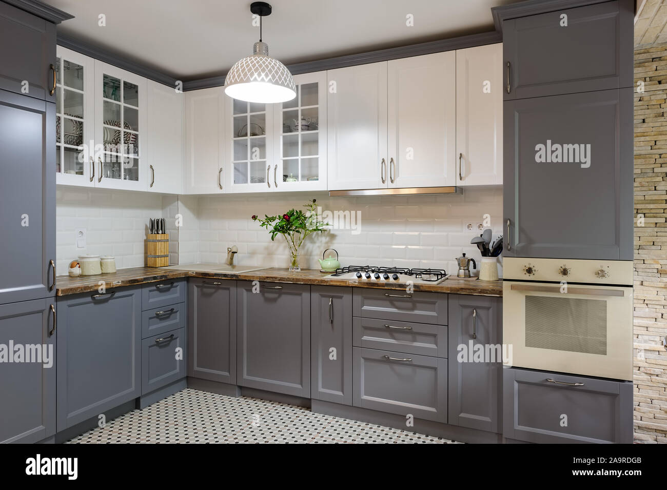 modern grey and white wooden kitchen interior Stock Photo Alamy
