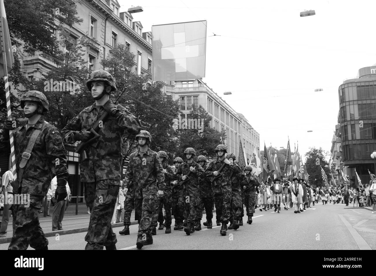 Swiss soldier parade at the Swiss National Day Parade in Zürich-City Stock Photo