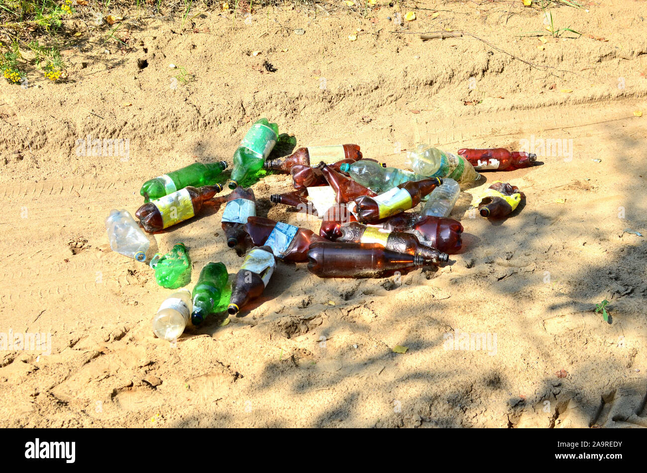 Empty plastic bottles of beer and drinks, people throw on the ground. Environmental pollution