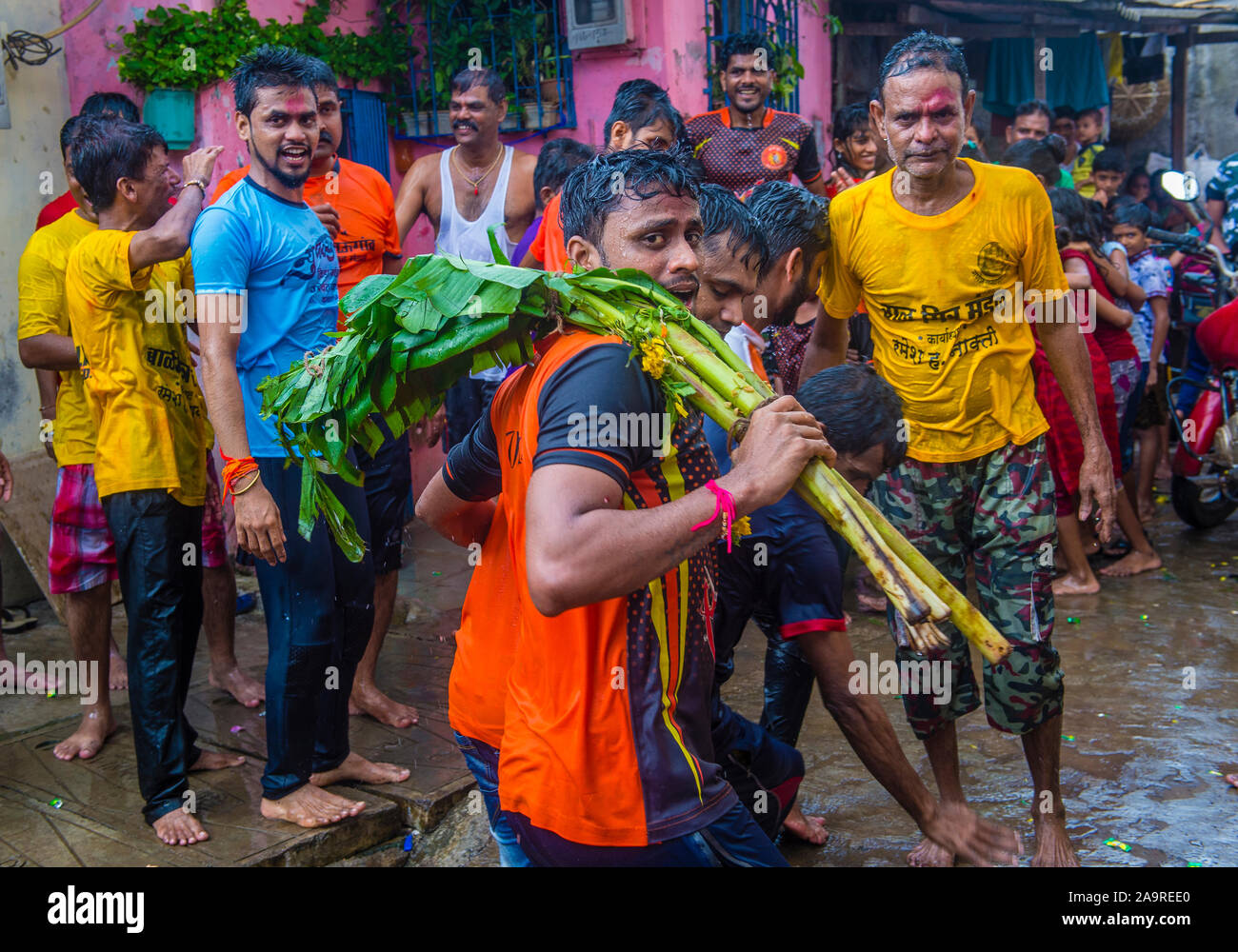 Indian people celebrate during Janmashtami festival in Mumbai India