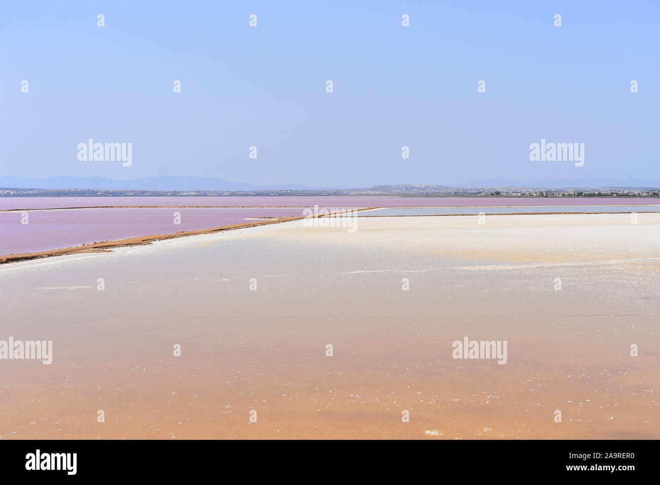Pink salt lakes at the Torrevieja salt works, Torrevieja, Alicante