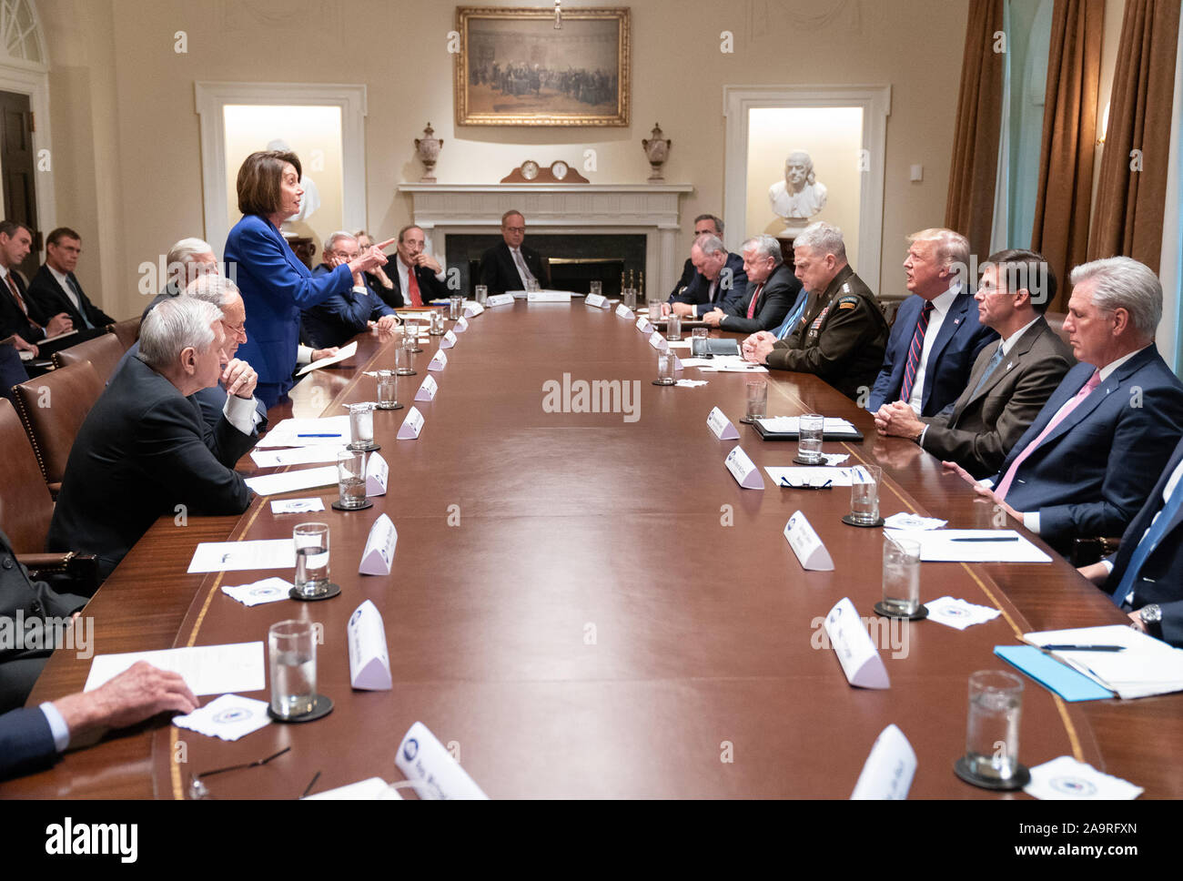 President Donald J. Trump meets with House Speaker Nancy Pelosi and Congressional leadership Wednesday, Oct. 16, 2019, in the Cabinet Room of the White House. Stock Photo