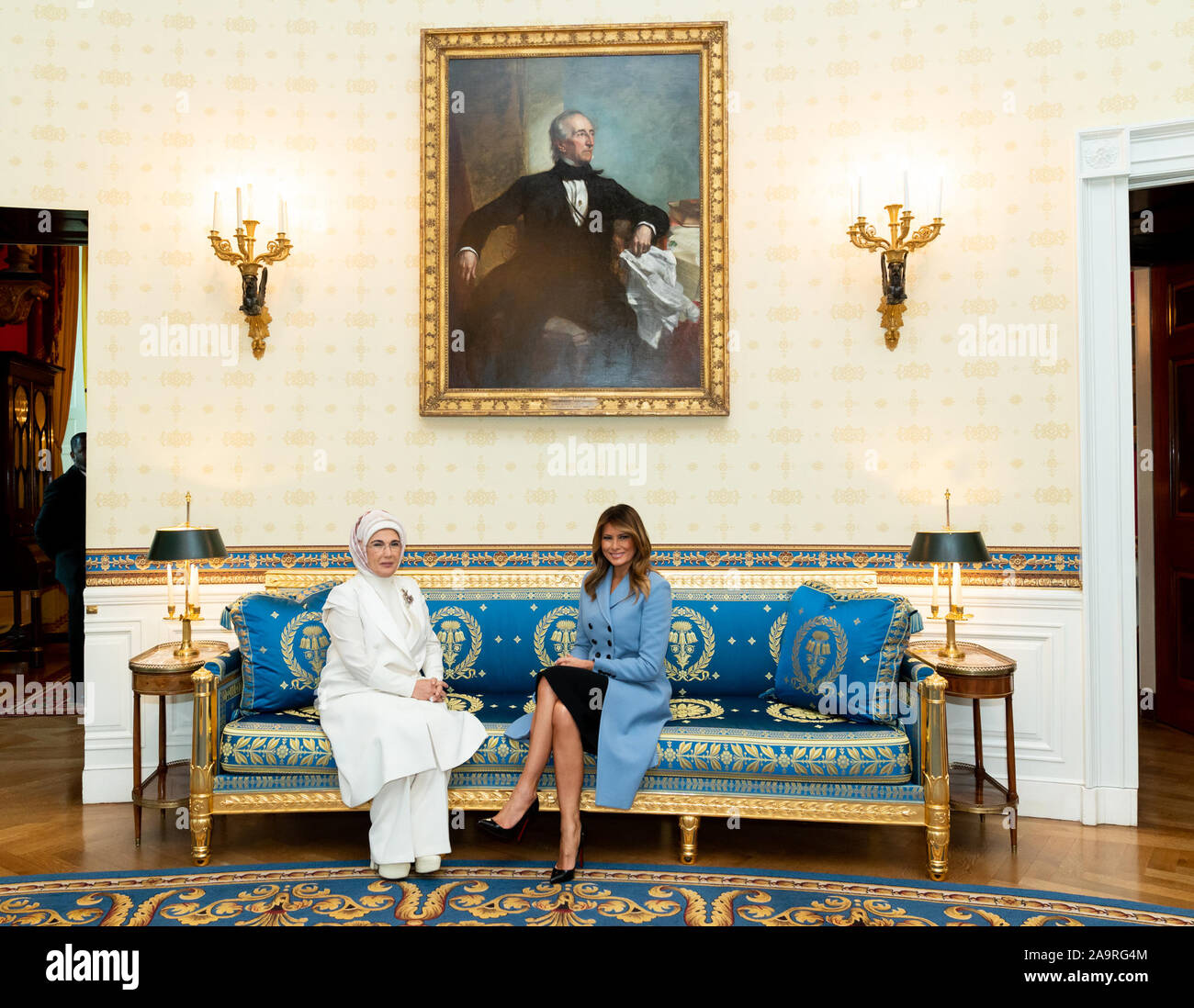 First Lady Melania Trump poses for a photo with Mrs. Emine Erdogan, wife of Turkish President Recep Tayyip Erdogan Wednesday, Nov. 13, 2019, in the Blue Room of the White House. Stock Photo