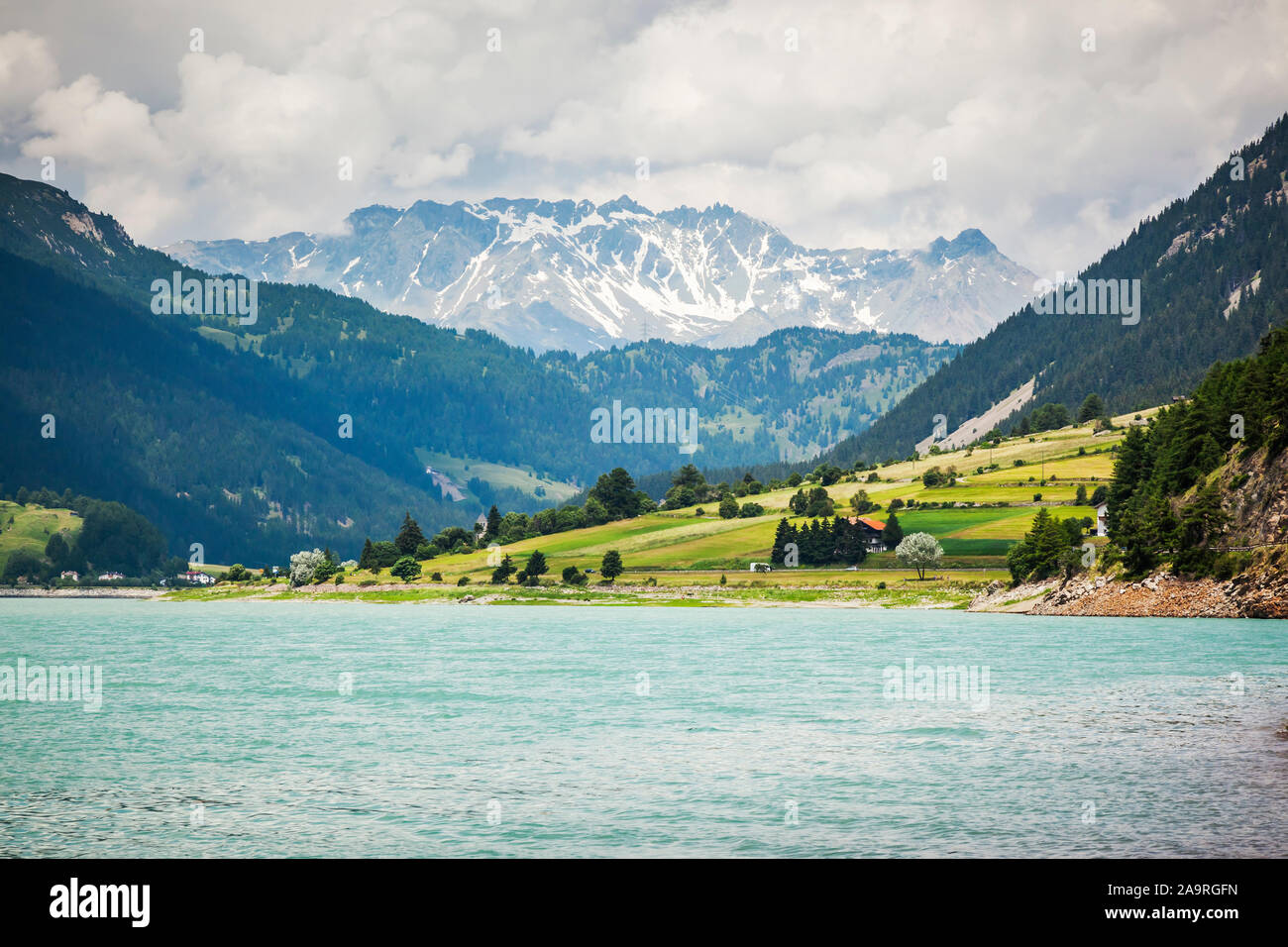 Der schoene Reschensee ohne Kirchturm in Italien Stock Photo