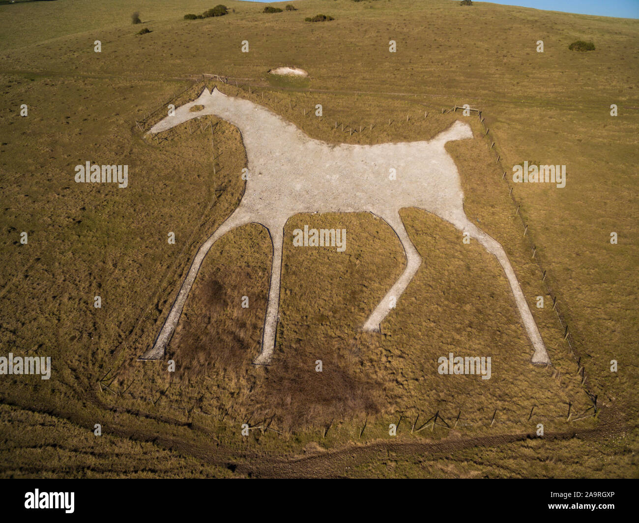 Aerial view of a carving near Alton Barnes of a white horse on the South Downs of Wiltshire England UK Stock Photo