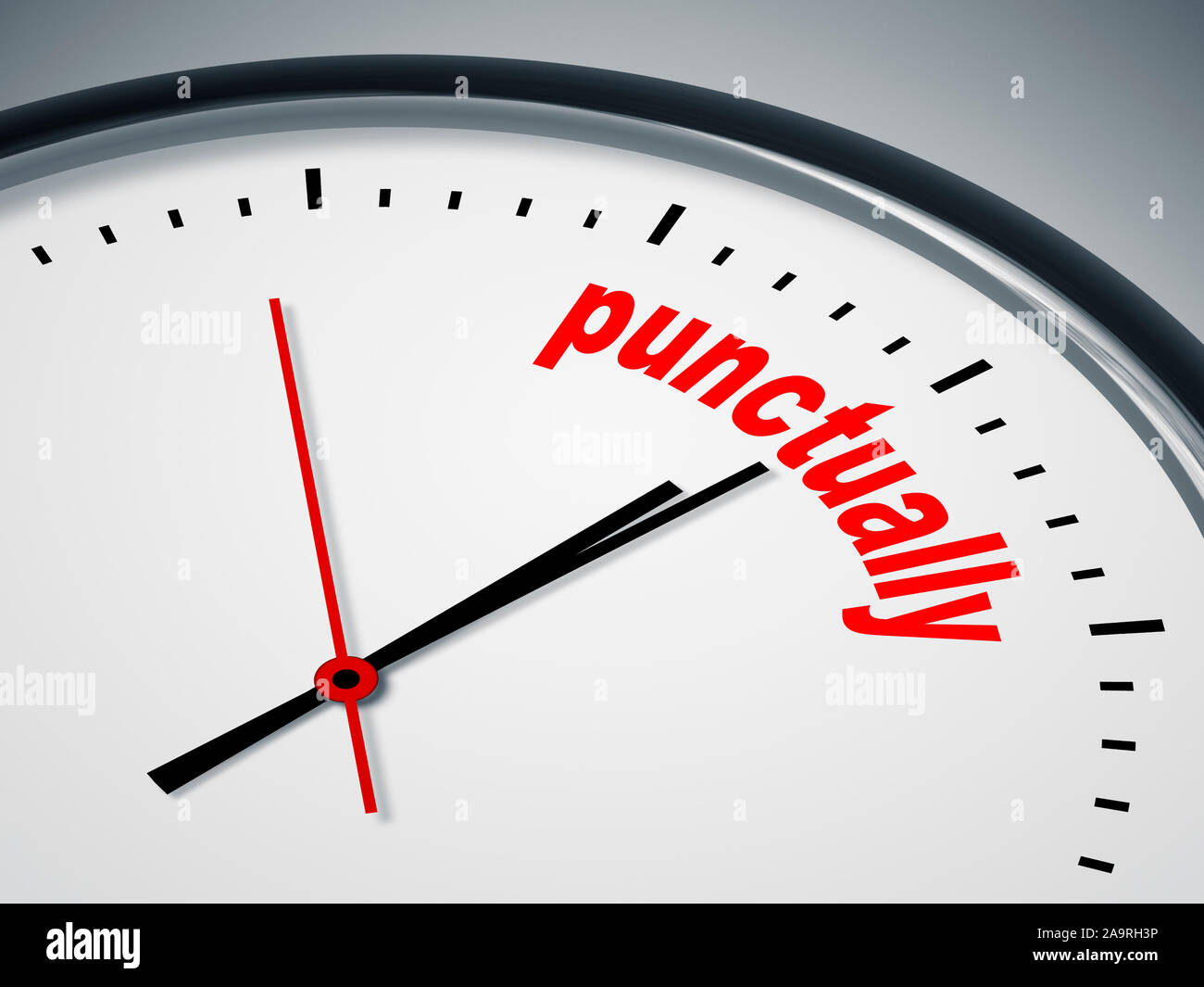 Ein simples Ziffernblatt einer Uhr mit der Aufschrift: 'punctually' Stock Photo