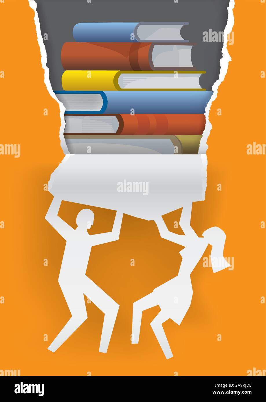 Discover good literature, advertising concept.  Stylized male and female silhouette ripping paper background with books. Vector available. Stock Vector