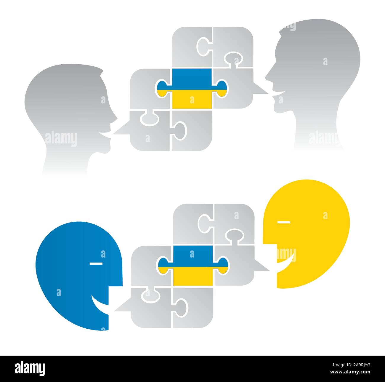 Ukrainian political dialog, puzzle concept. Two Illustrations of two stylized male heads with puzzle and ukrainian flag.  Vector available. Stock Vector