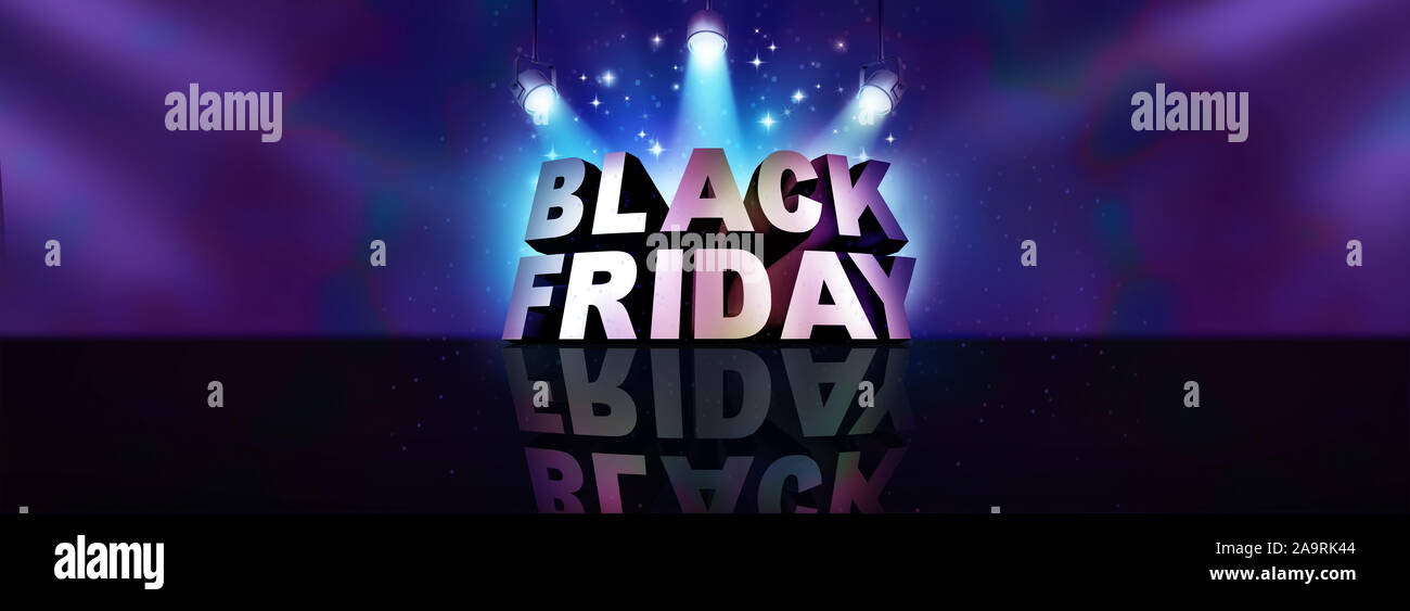 Black friday background sale banner sign as a text on a stage with spot lights for seasonal promotions and advertising to celebrate a November. Stock Photo