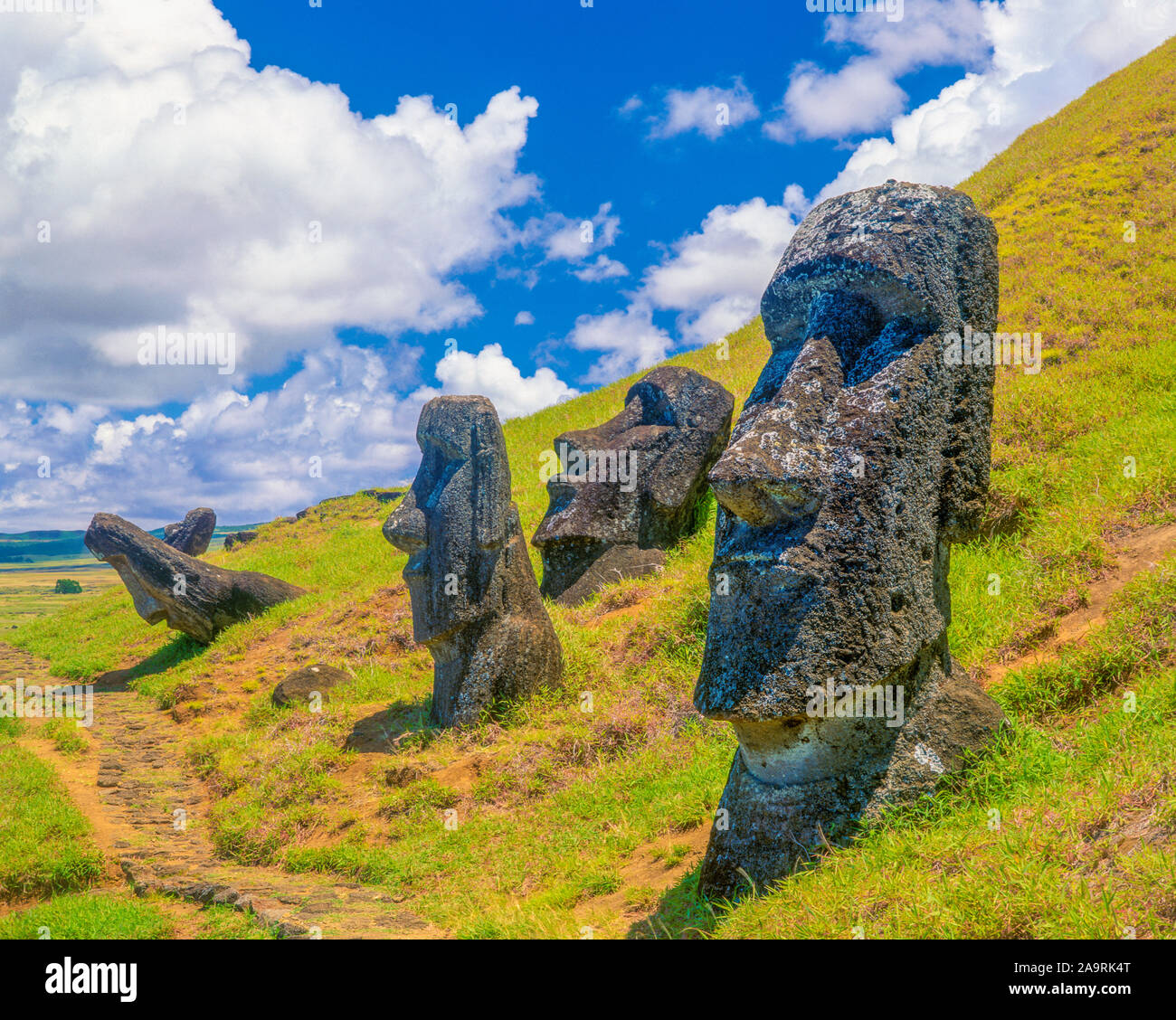 Moai statues at Rano Raraku, Easter Island, Chile Rapa Nui National Park, South Pacific Ocean Stock Photo