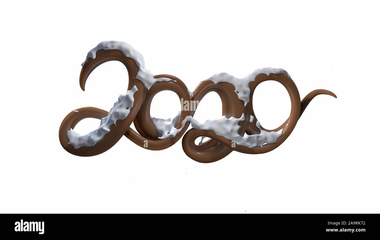 Happy New Year Banner with 2020 Numbers made by glossy chocolate with snow isolated on white Background. abstract 3d illustration creative lettering. Stock Photo