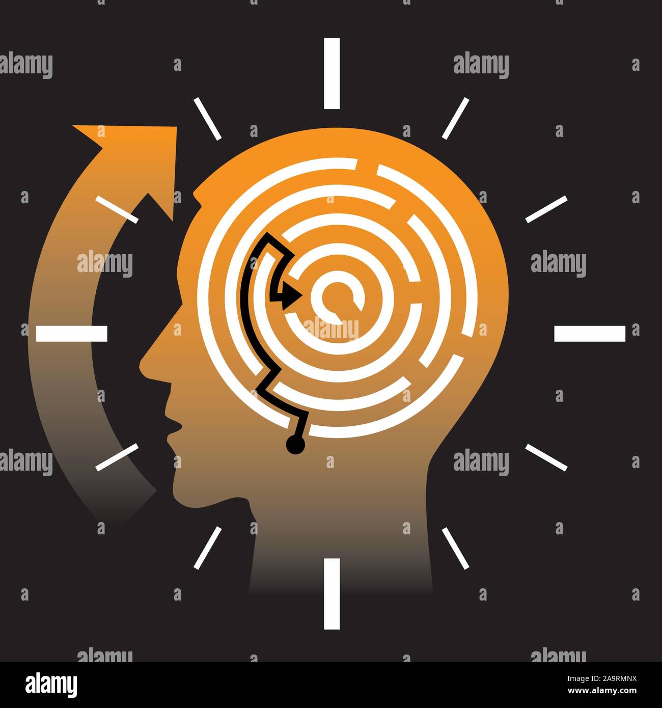 Deadline, stressed man, concept. Illustration of Stylized male head silhouette with maze. Vector available. Stock Vector