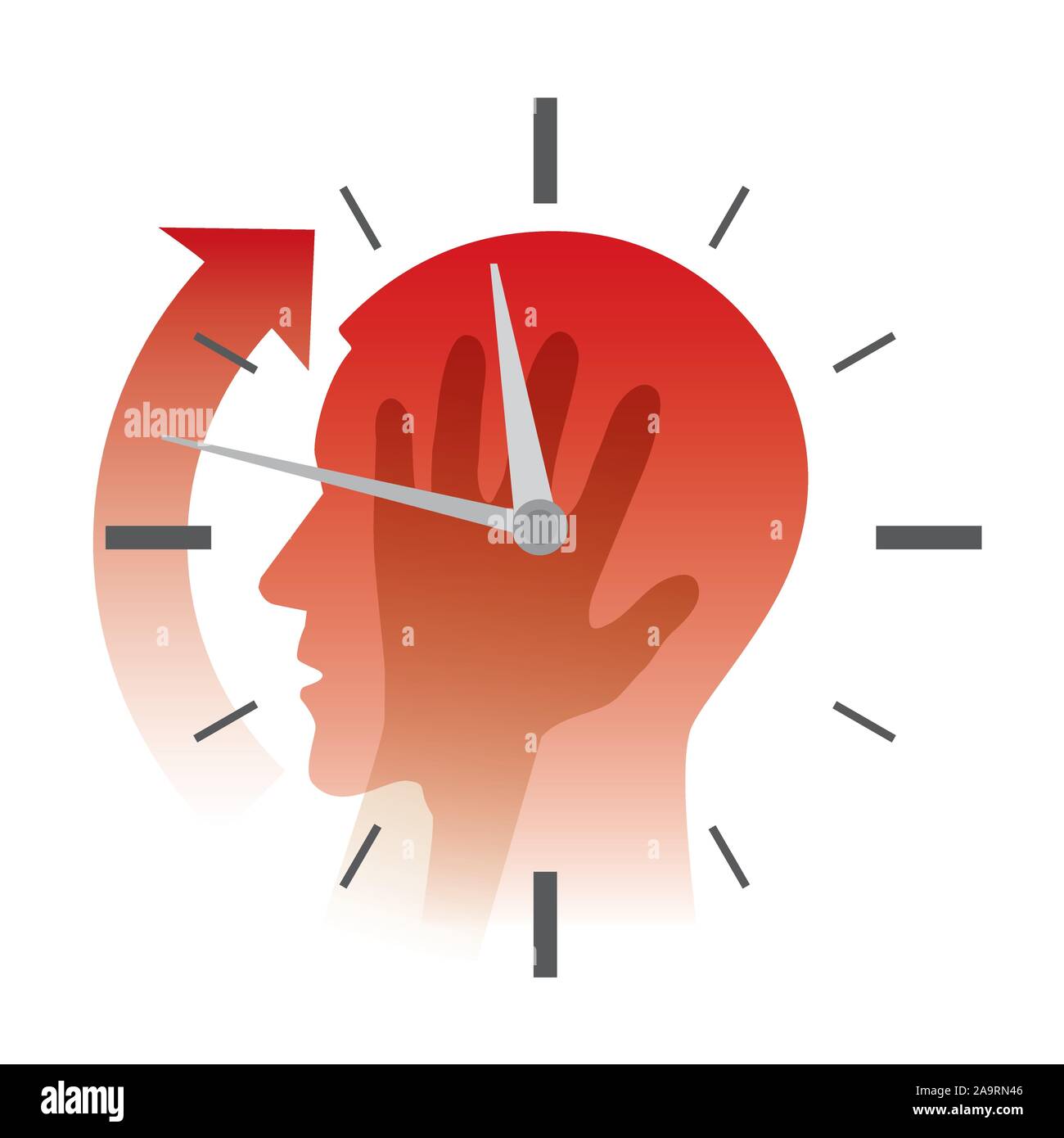 Deadline, stressed out man with watch. Stylized male head silhouette holding his head, with watch. Concept for stress and overwork. Vector available. Stock Vector