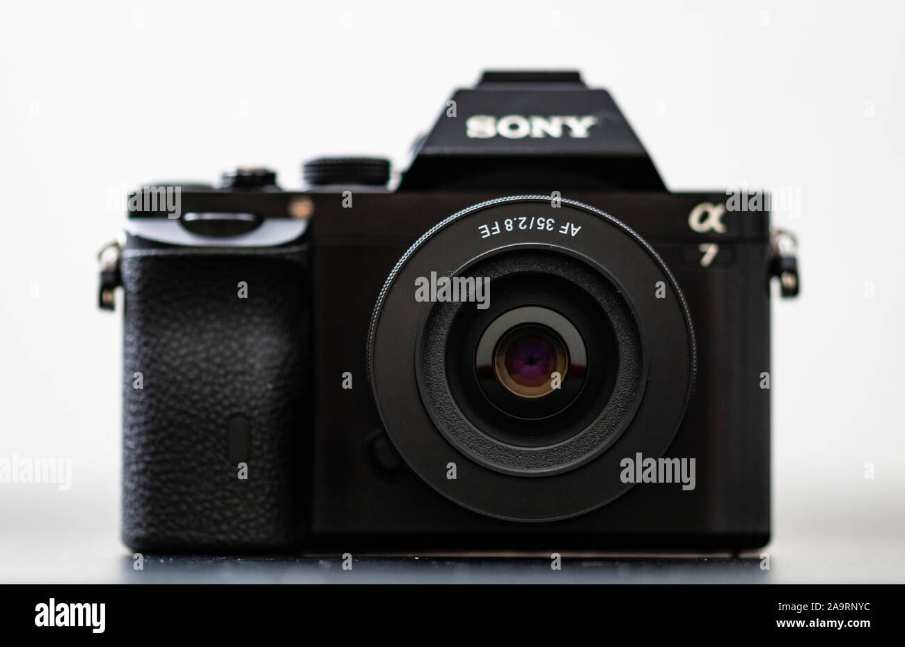 Sony mirrorless camera with 35mm mounted lens in photo studio Bucharest