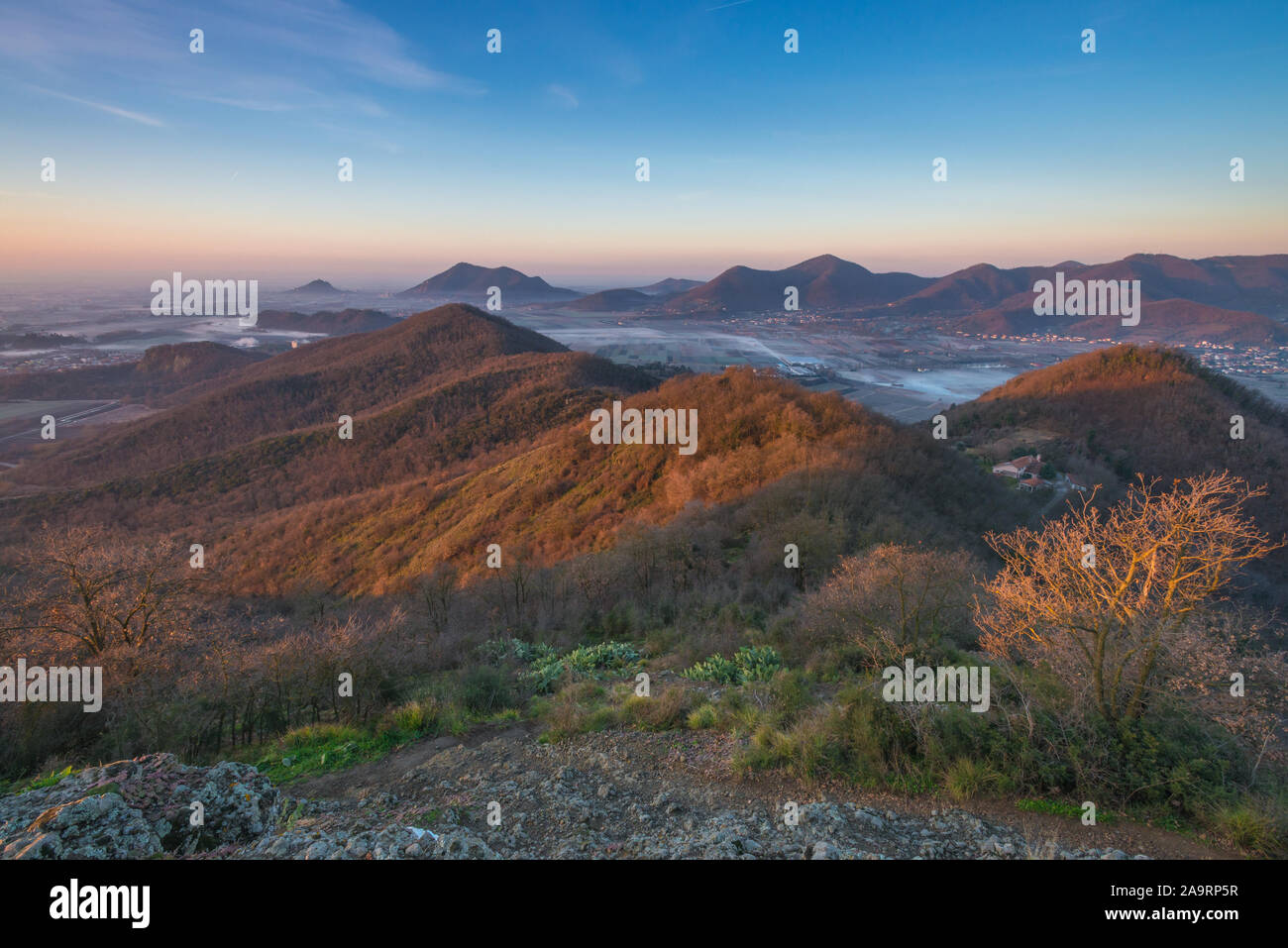 Sunrise views of the Euganean Hills just outside of Padua. Misty valley bottoms and bushy hills painted by dawn colours. Fog in the hills at sunrise. Stock Photo