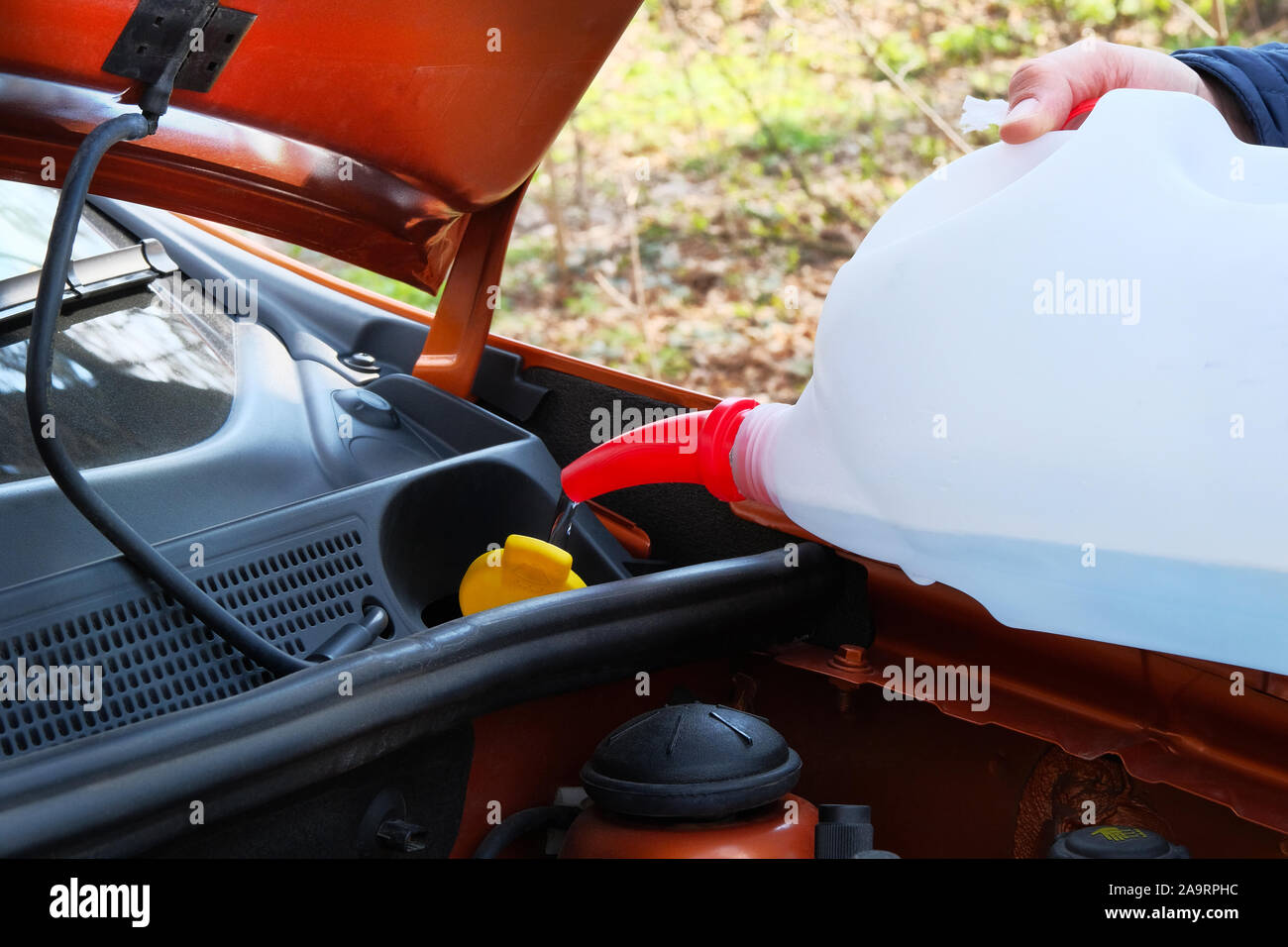 Filling windshield washer fluid in car. Driver with washer fluid in his