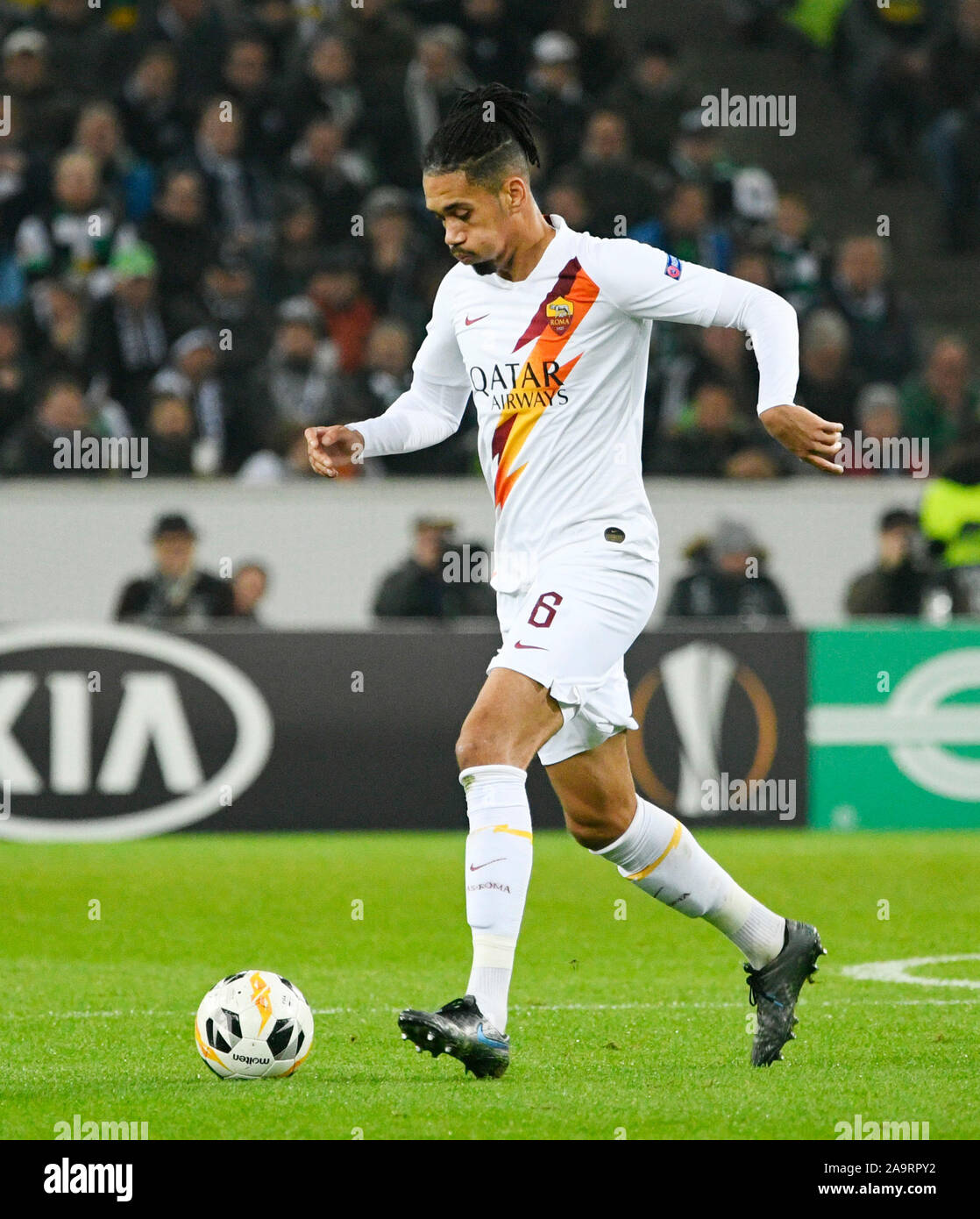 Borussia Park Monchengladbach, 7.11.2019,  Football: Europe League  Season 2019/20, matchday 4, Borussia Monchengladbach (MGL) vs. AS Rom (ROM): Chris Smalling (ROM);   UEFA REGULATIONS PROHIBIT ANY USE OF PHOTOGRAPHS AS IMAGE SEQUENCES AND/OR QUASI-VIDEO Stock Photo