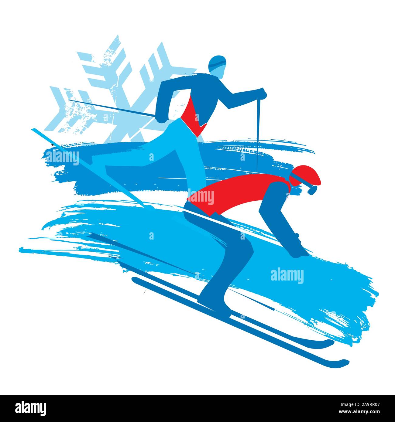 Downhill skier and cross-country skier, grunge stylized. Stylized
