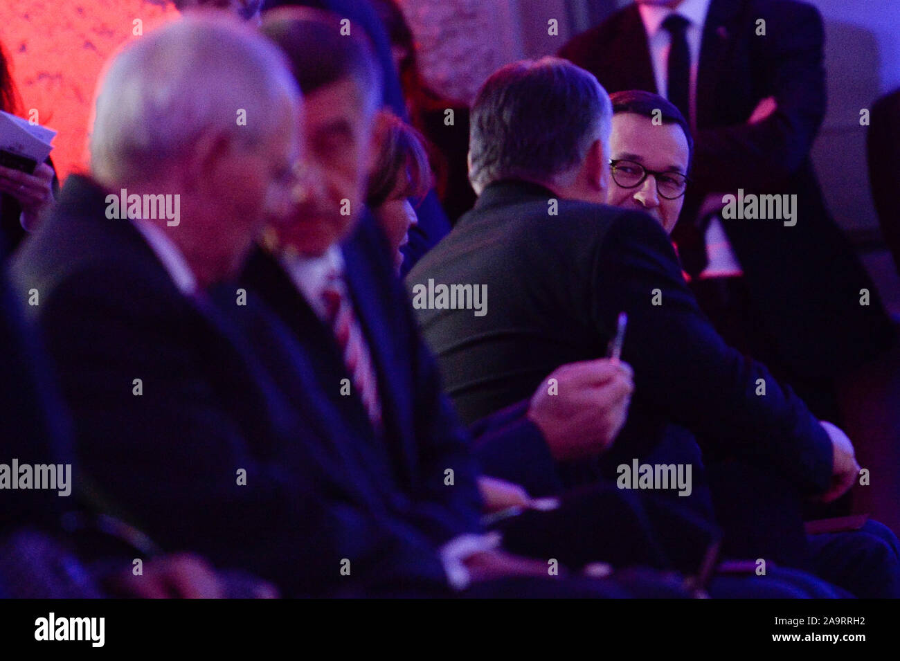 The Prime Minister of Poland, Mateusz Morawiecki speaks with the Prime Minister of Hungary, Viktor Orban during the 30th Anniversary of Velvet Revolution at the National Museum in Prague. Stock Photo