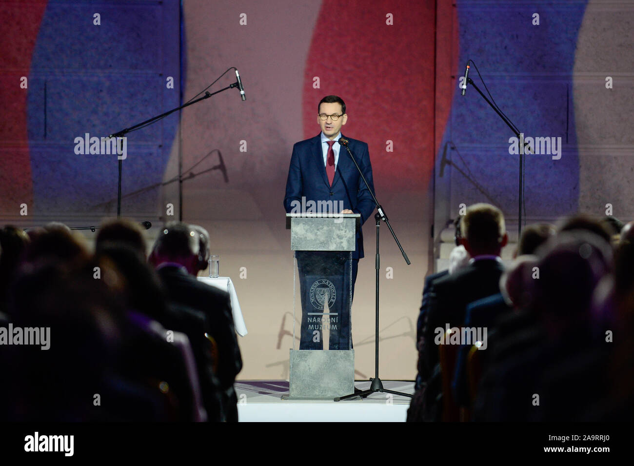 Prime Minister of Poland, Mateusz Morawiecki speaks during the 30th Anniversary of Velvet Revolution at the National Museum in Prague Stock Photo