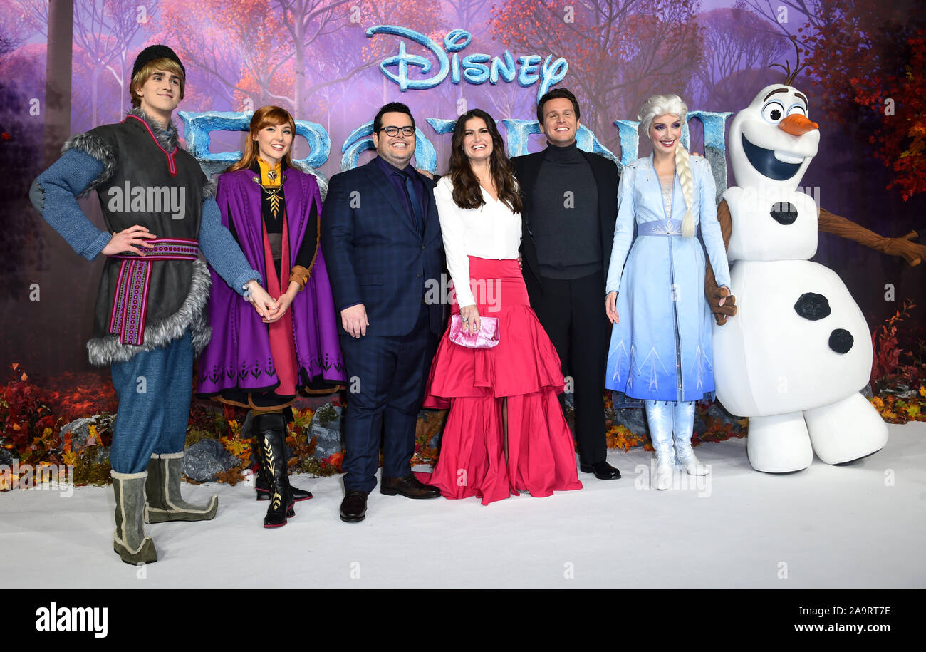 Kristoff, Anna, Josh Gad, Idina Menzel, Jonathan Groff, Elsa and Olaf attending the European premiere of Frozen 2 held at the BFI South Bank, London. Stock Photo
