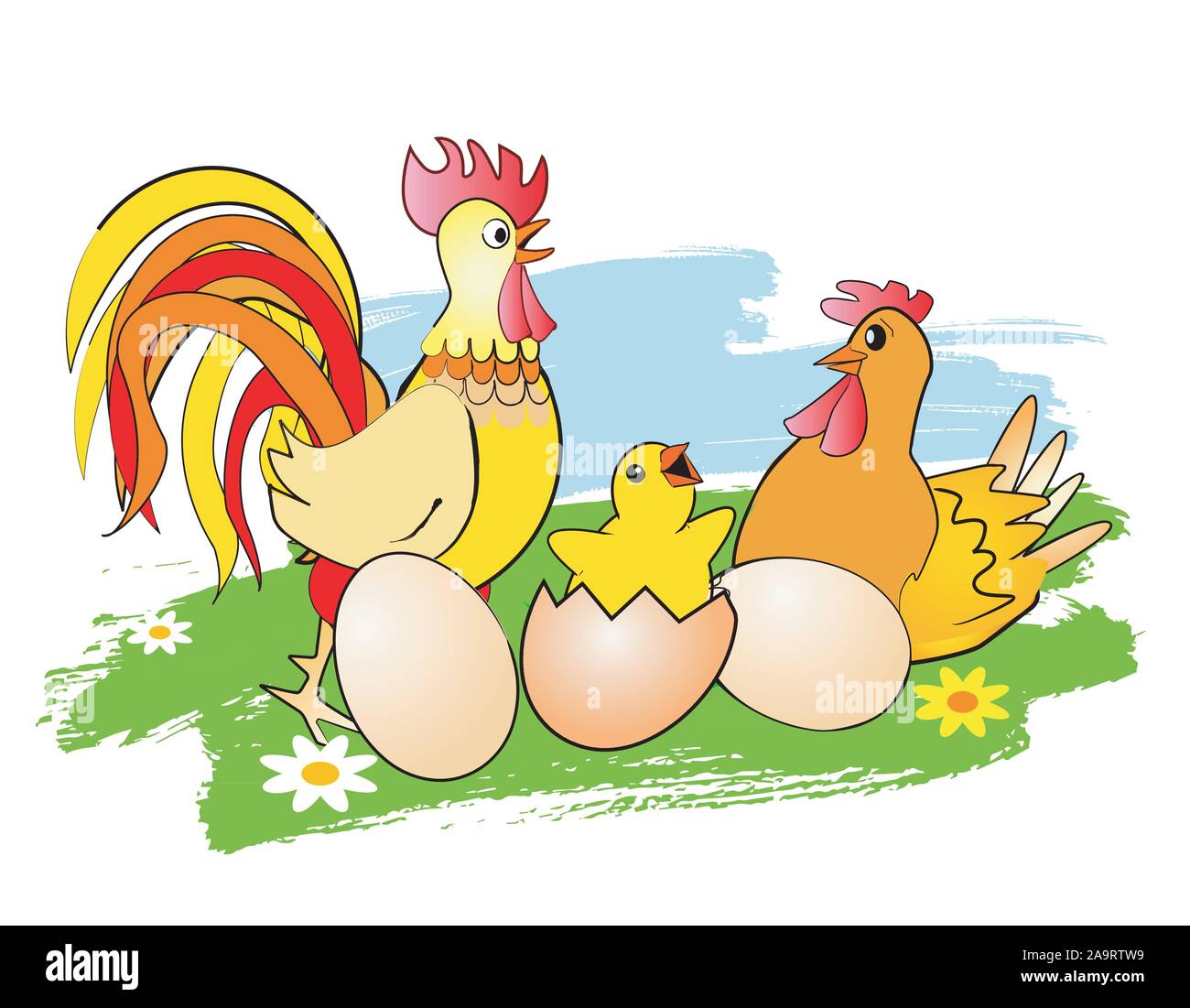 Easter Chicken, Hen, Rooster and Eggs. Colorful stylized illustration of chicken, Hen, and rooster on a meadow .Isolated on white background. Stock Vector