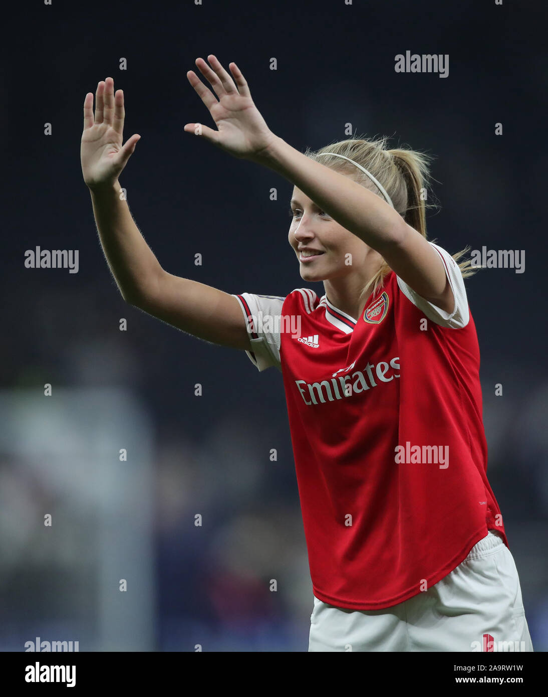 Arsenal's Leah Williamson celebrates after winning the FA Women's Super League match at the Tottenham Hotspur Stadium, London. Stock Photo