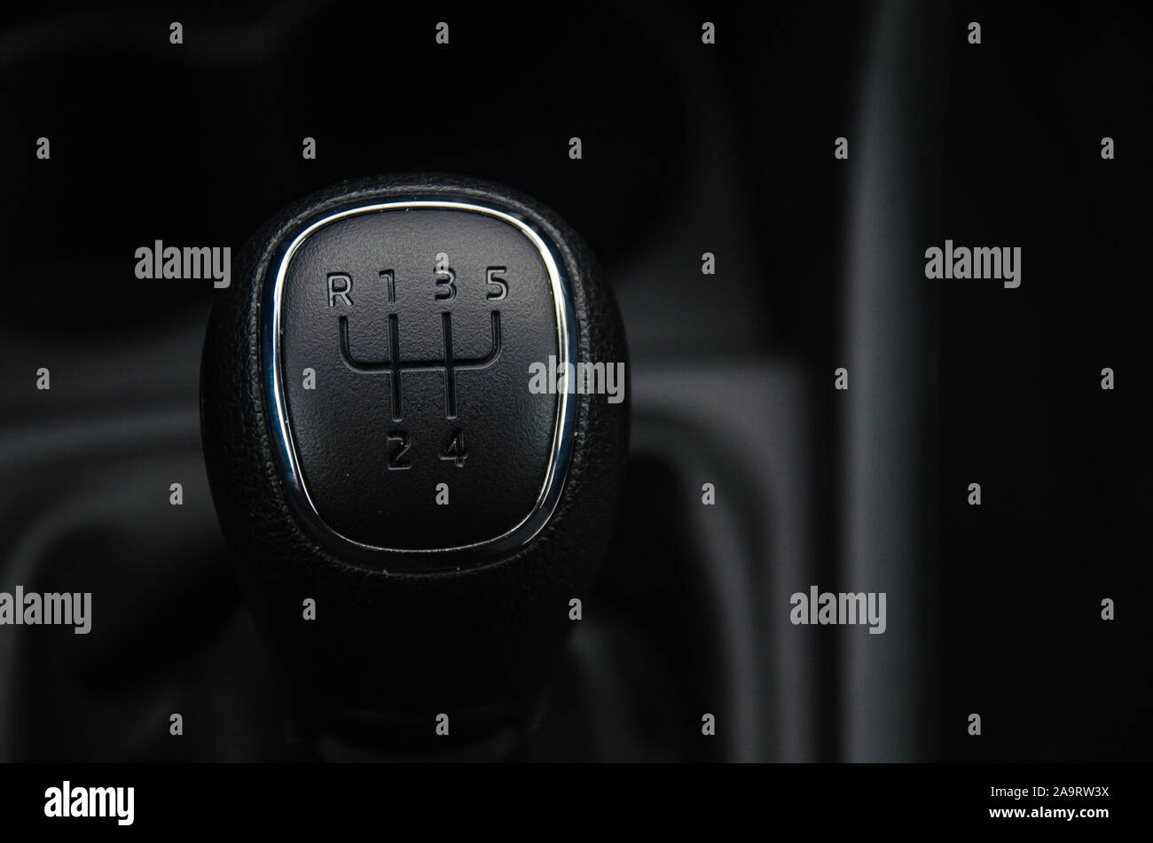 Gear shift handle in a modern car. Manual transmission. The gear change lever Stock Photo