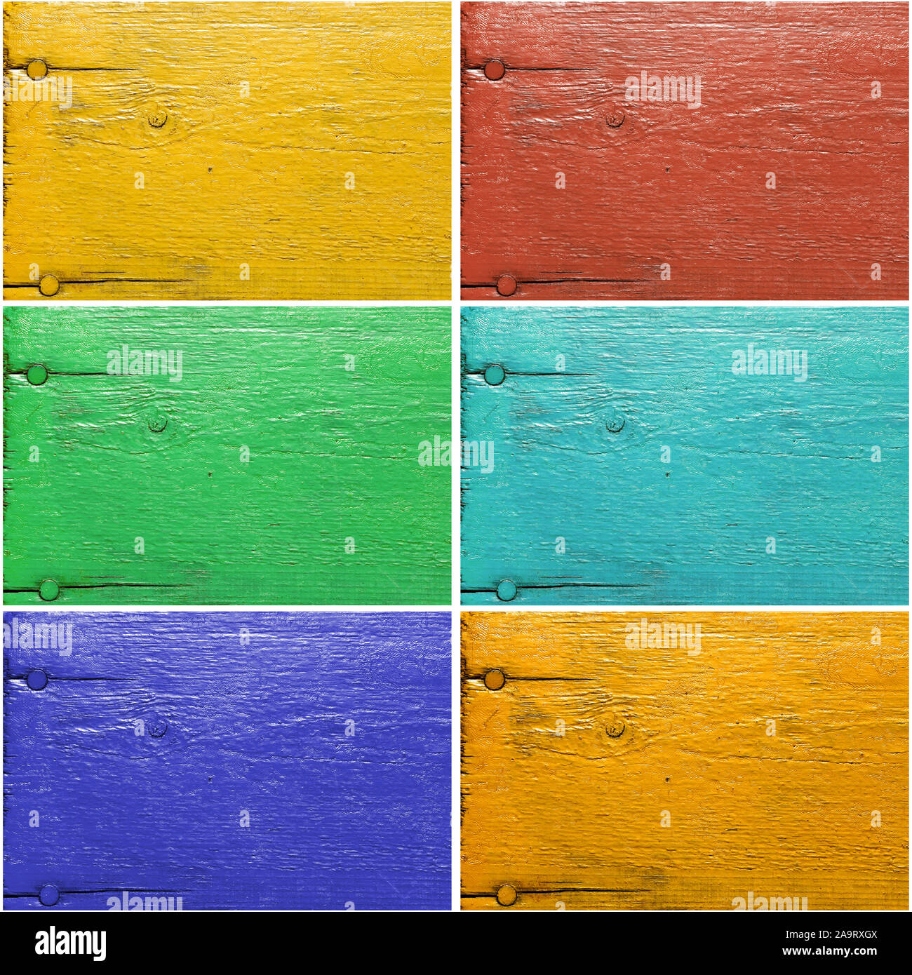 Set of six painted wooden textures in different colors, edited based on real yellow texture Stock Photo