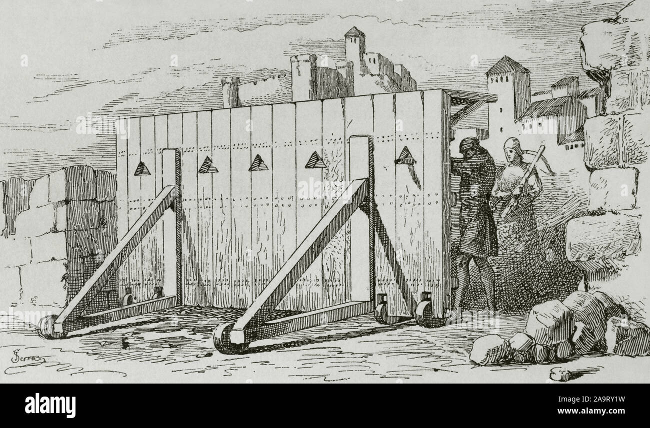 Middle Ages. Mantlet. Large shield or portable shelter used for stopping projectiles. Wood mantlet on wheels. Engraving by Serra. Museo Militar, 1883. Stock Photo