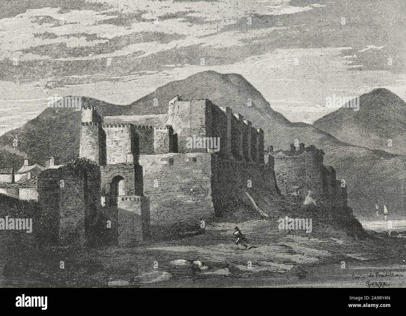 Spain, Andalusia, province of Cadiz, Tarifa. Castle of the Guzmans or Castle of Guzman el Bueno. It was built in 960 by Abd-ar-Rahman III, Caliph of Cordoba. Engraving by Serra after a painting by Pradilla.  Museo Militar, 1883. Stock Photo
