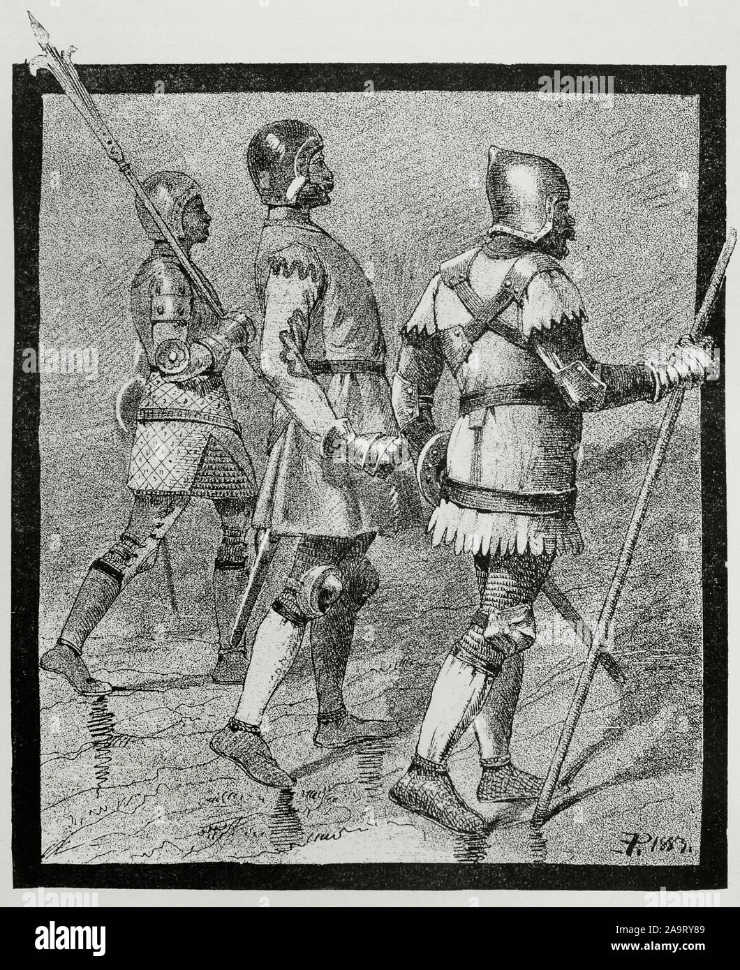 Middle Ages. Aragonese warriors (1390). Engraving from a triptych of the Academia de la Historia. Museo Militar, 1883. Stock Photo