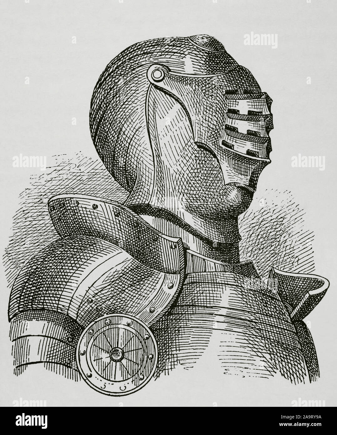 Medieval Knight's helmet with visor. Engraving. Museo Militar, 1883. Stock Photo