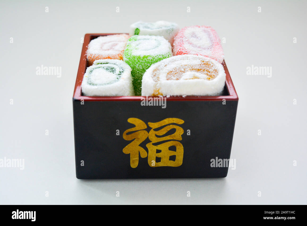 Delicious colorful rolls of Lokum with fruit marmalade jam in japanese