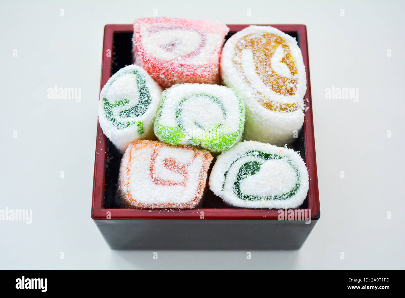 Delicious colorful rolls of Lokum with fruit marmalade jam in japanese