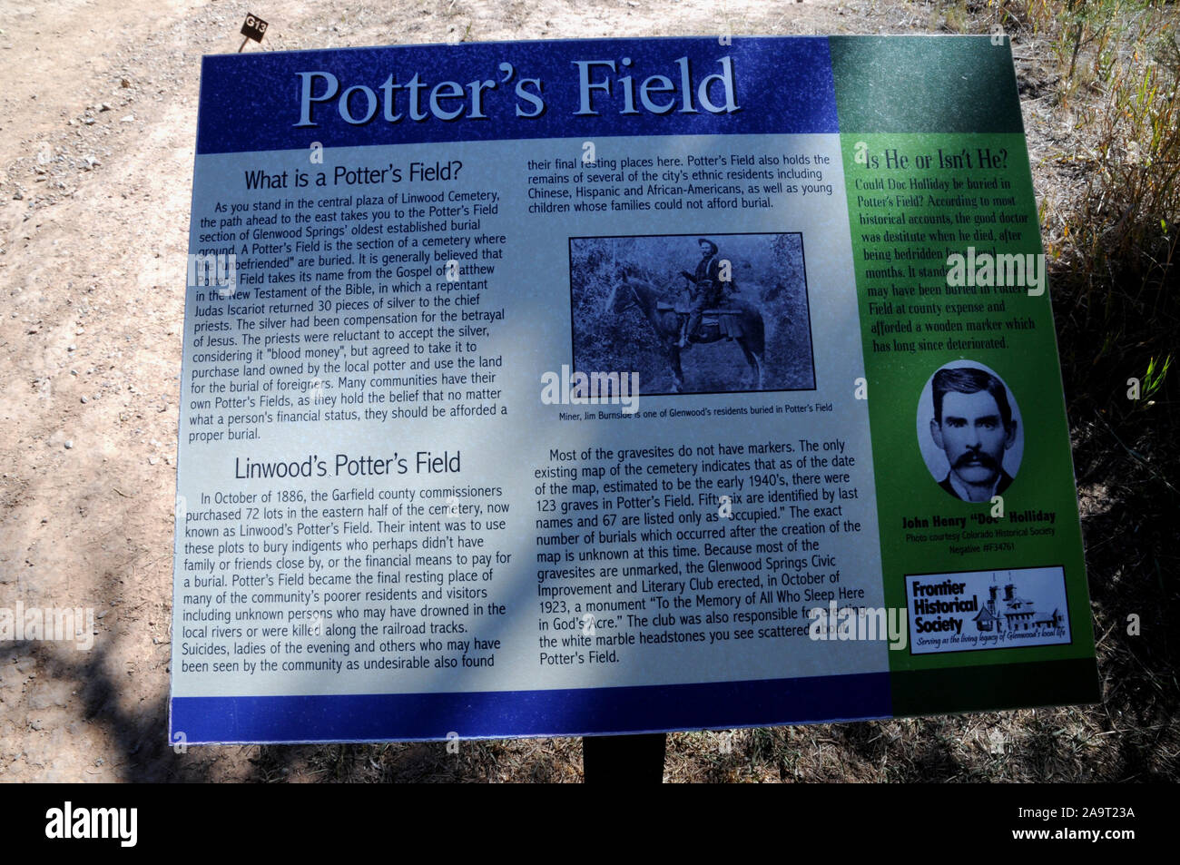 Signs at the Linwood Cemetery on a hillside above Glenwood Springs in Colorado. The signs point visitors to the graves of Doc Holliday and Kid Curry. Stock Photo